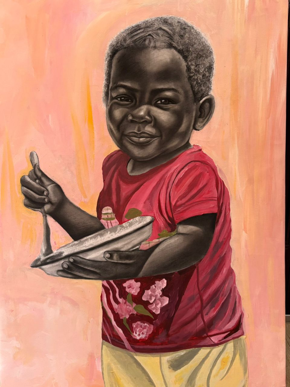 'Feeding' — charcoal pencil and acrylic on canvas, by Miti Art